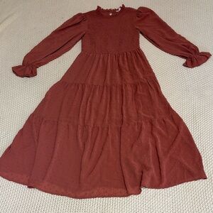 Tiered Maxi Dress in Rust with Long Sleeves Burgundian colored dress